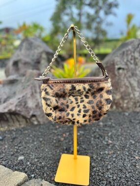Sharif Leopard Faux Fur Mini Bag Brown Patent Leather Trim Chain Strap